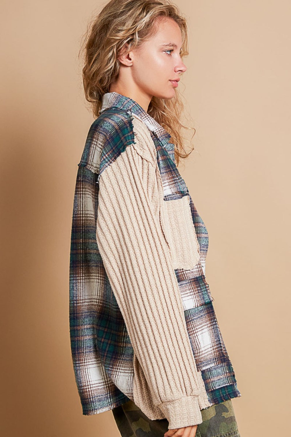 POL Plaid Contrast Button Down Shacket