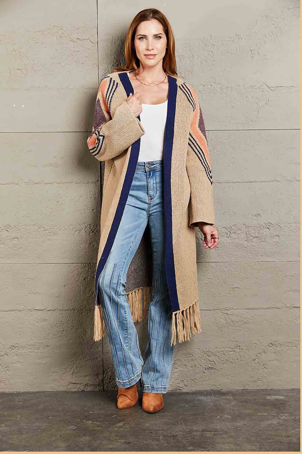 Geometric Fringe Hem Open Front Duster Cardigan