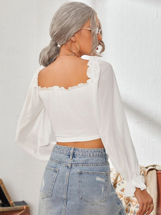 Mesh Sweetheart Neck Flounce Sleeve Top