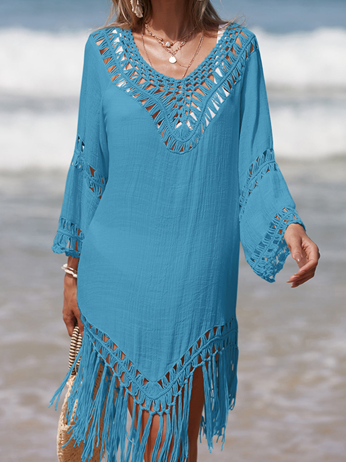 Cutout Fringe Scoop Neck Cover-Up