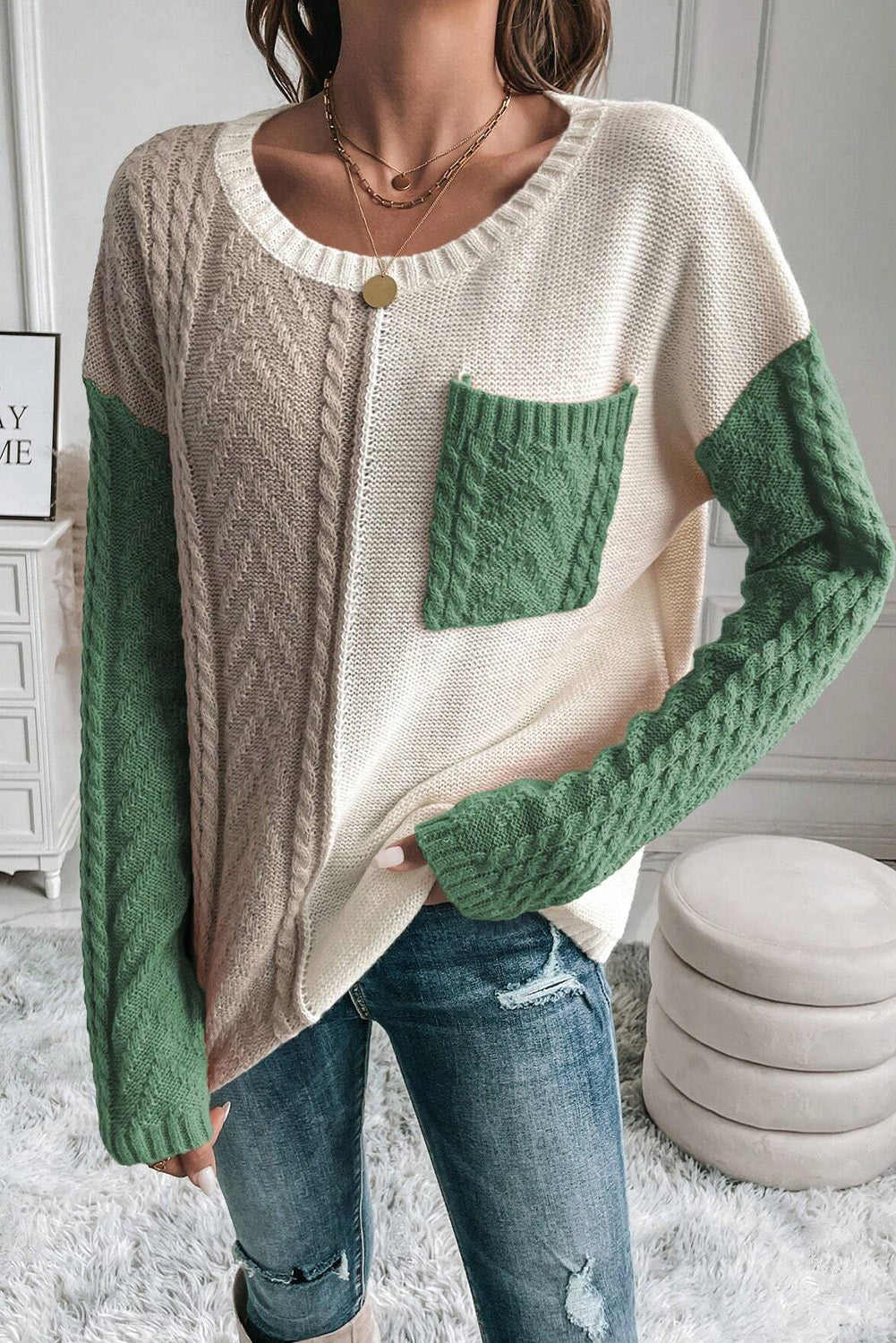 Color Block Round Neck Long Sleeve Sweater