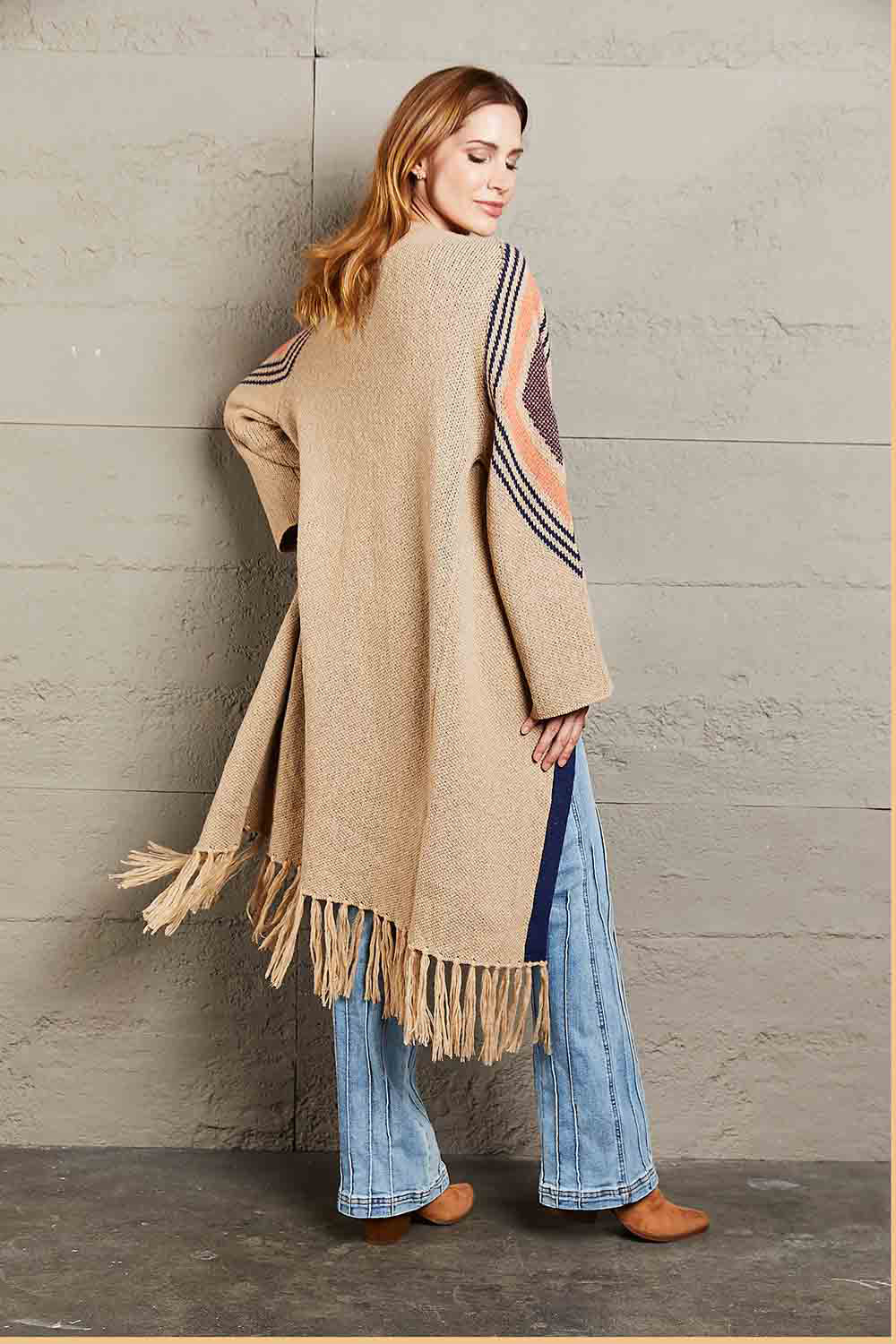 Geometric Fringe Hem Open Front Duster Cardigan