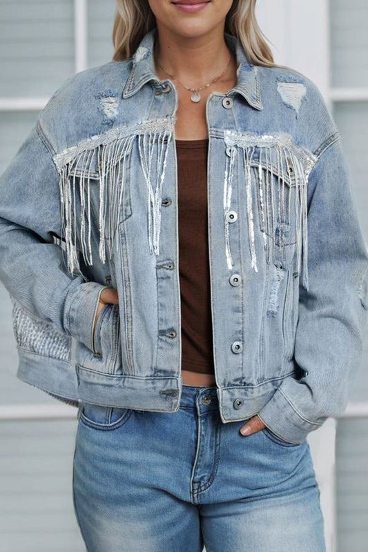 Sequin Fringe Trim Distressed Button Up Denim Jacket