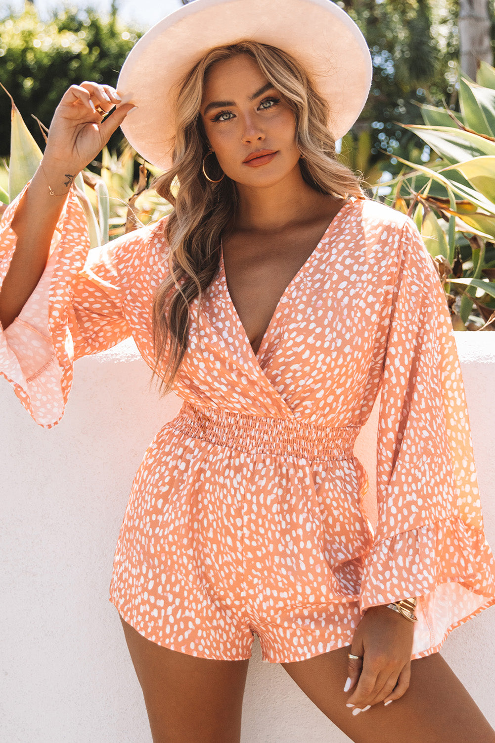 Printed Flare Sleeve Surplice Romper