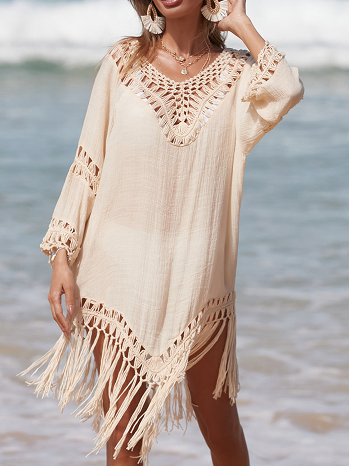 Cutout Fringe Scoop Neck Cover-Up