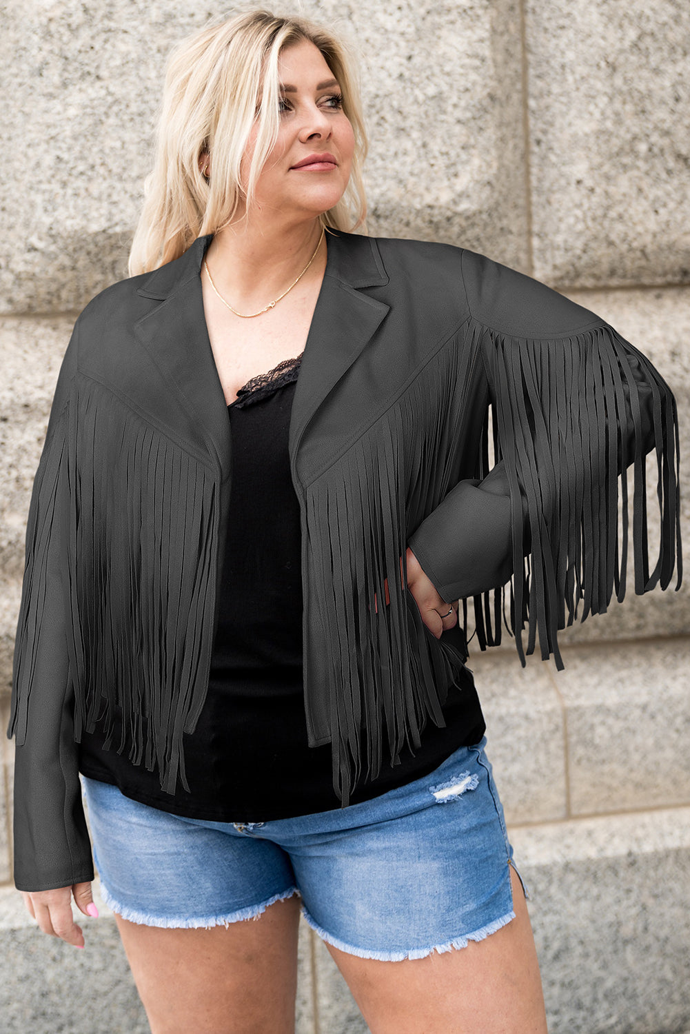 Plus Size Fringe Open Front Jacket