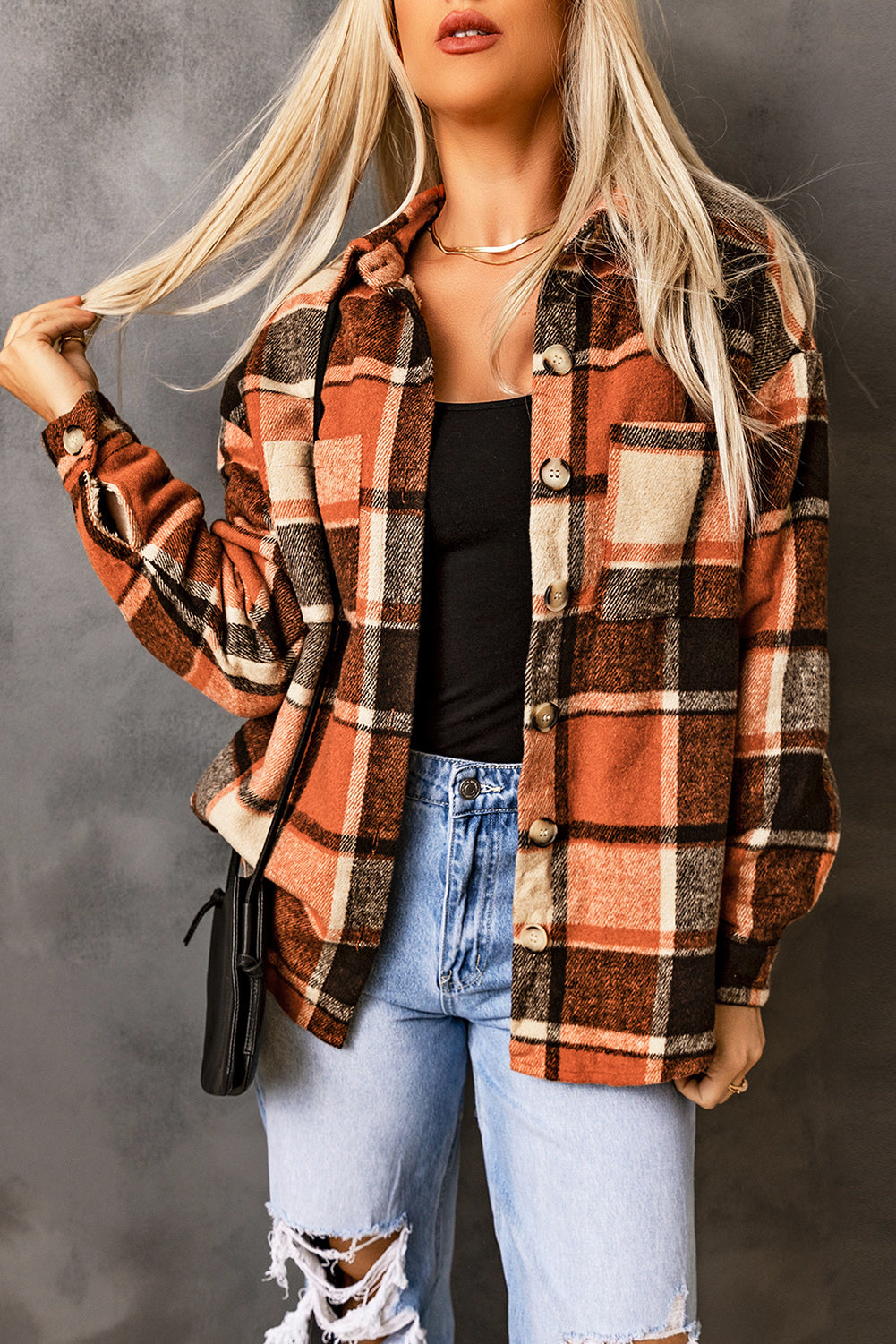 Plaid Pocketed Button Up Jacket