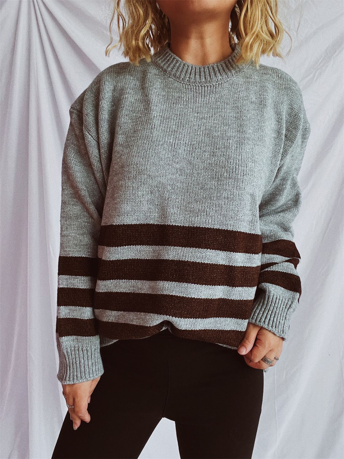 Striped Dropped Shoulder Long Sleeve Sweater