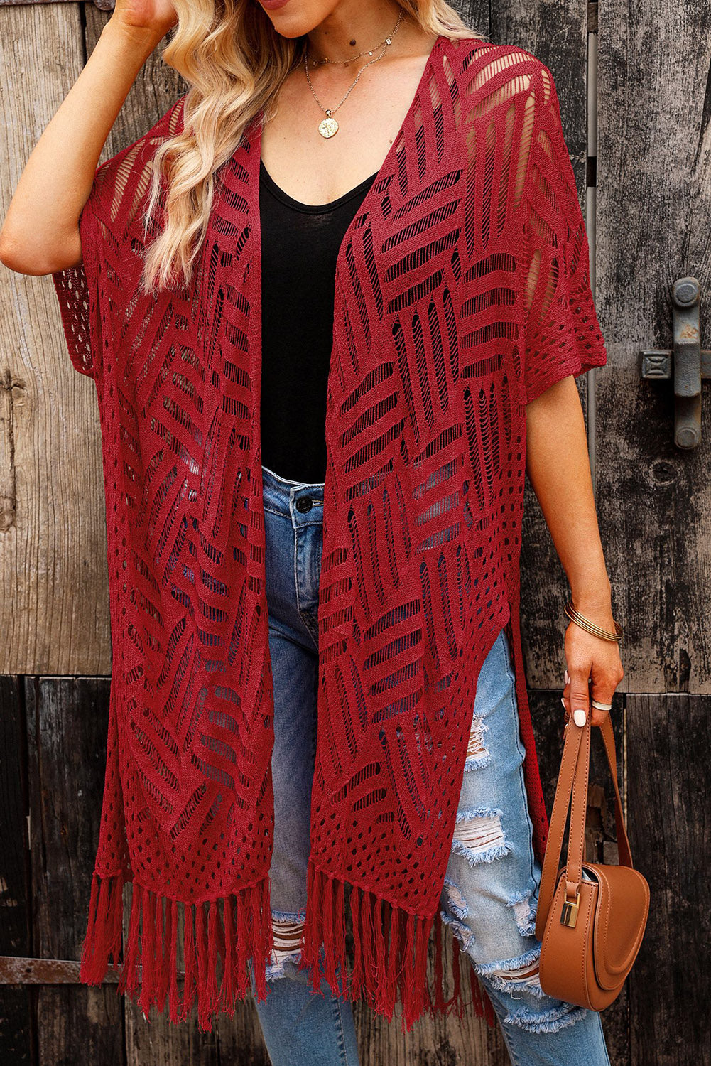 Openwork Open Front Cardigan with Fringes